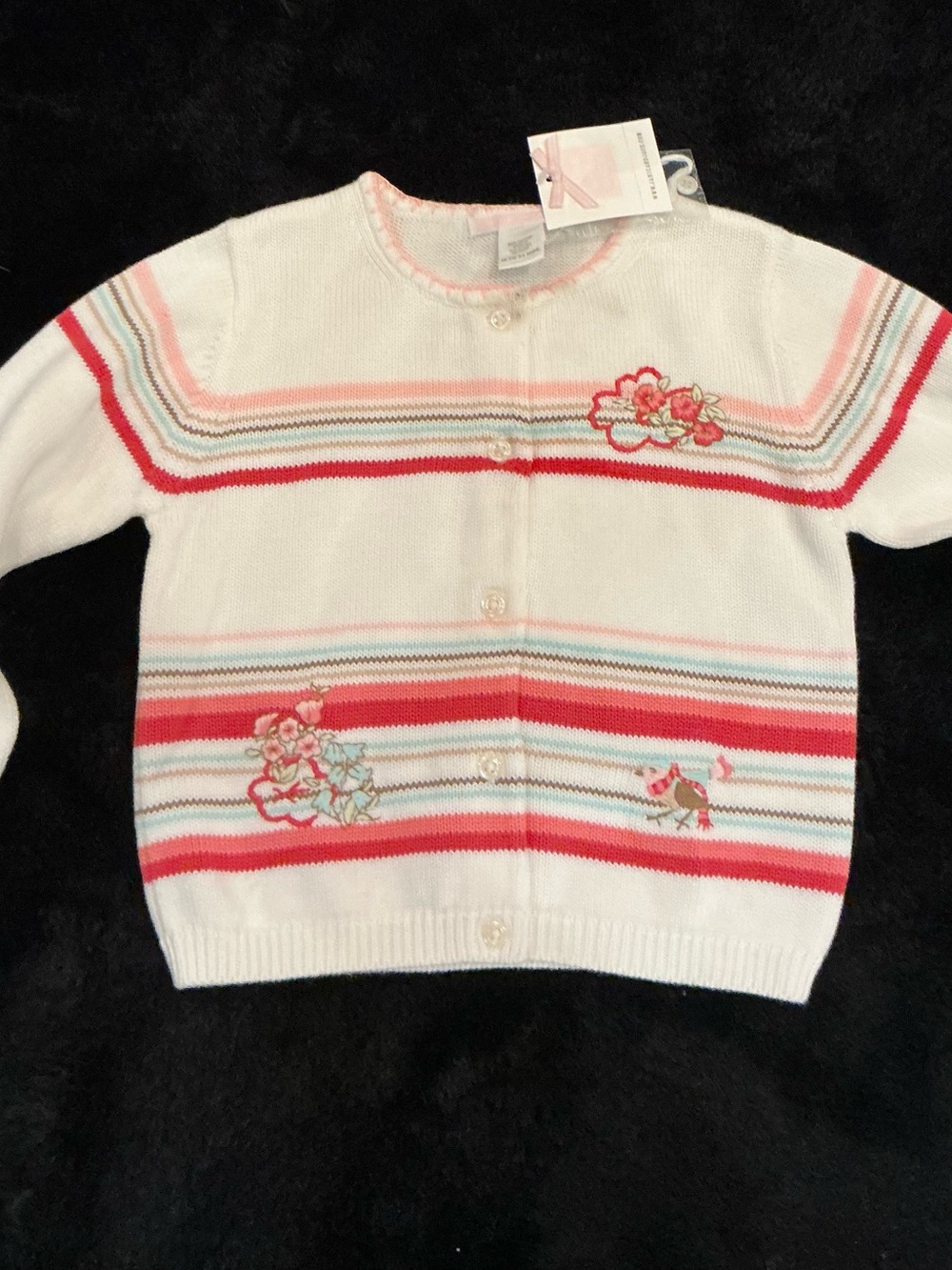 Janie and Jack White Cardigan with Pink & Red Stripe Floral Accents Size 18-24mo